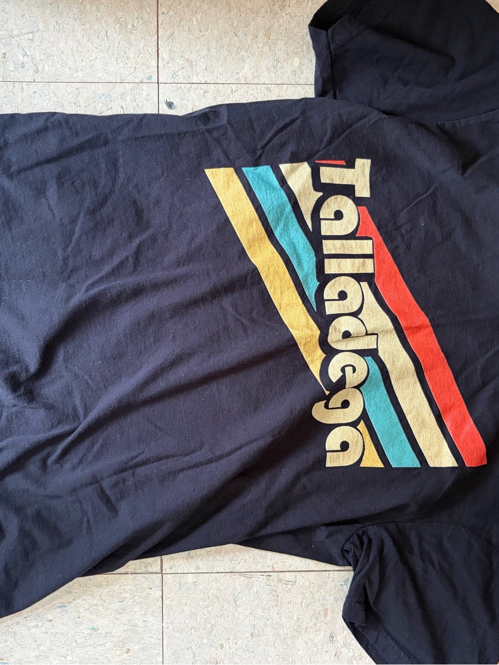 Uni-sex Gildan M Black Tee with Retro Yellow Teal and Red Stripes